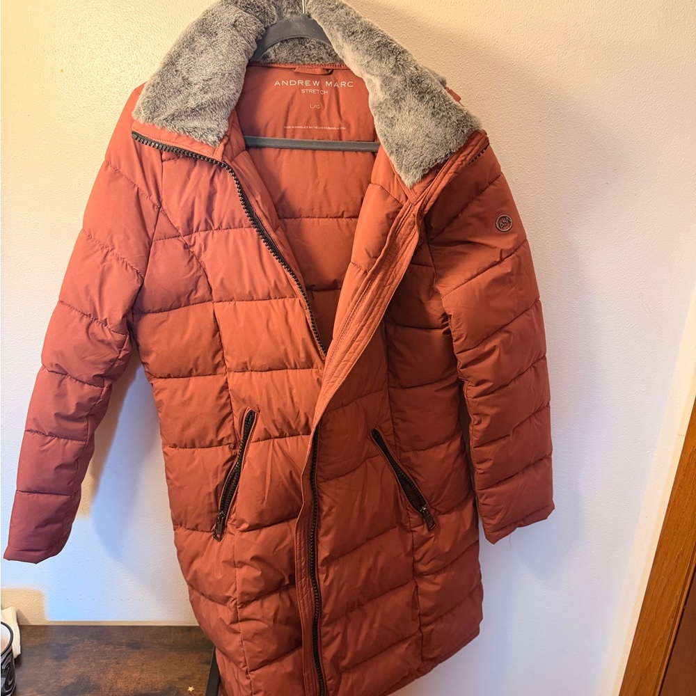 Andrew Marc Light Salmon Puffer Jacket with Faux Fur Trim